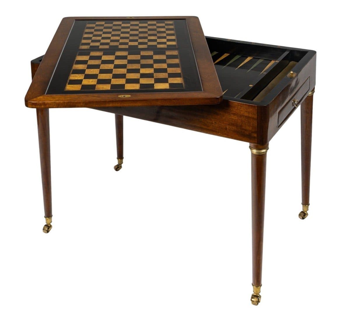 Table à jeux formant bureau en acajou et marqueterie, fin du XVIIIe siècle