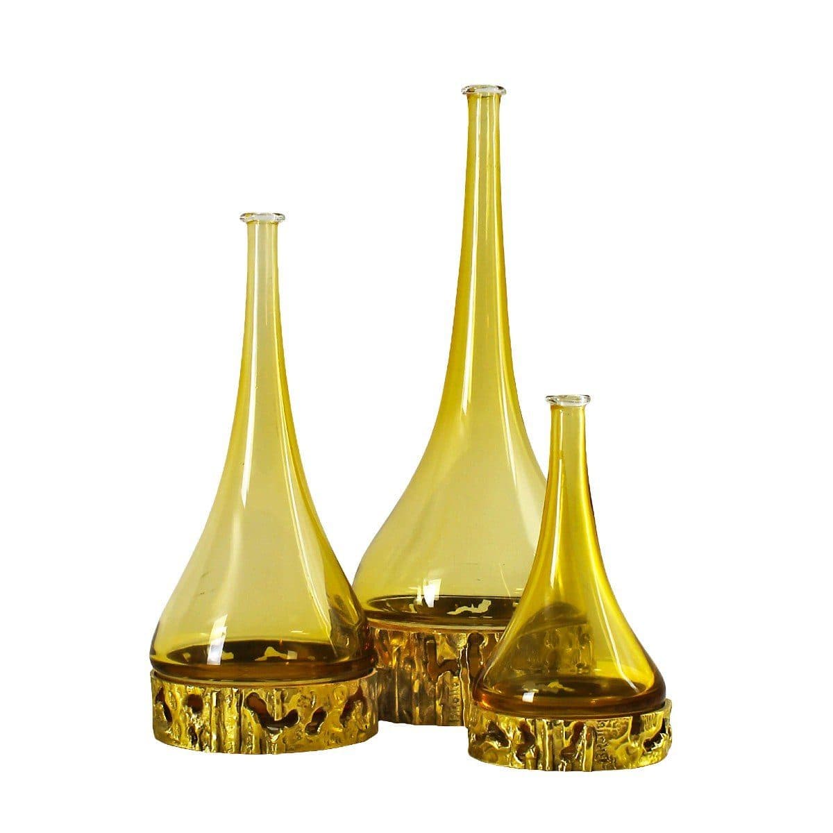 Murano Série de trois bouteilles en verre jaune et bronze