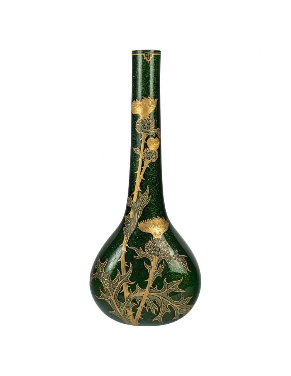 Grand vase en verre irisé à décor de chardons